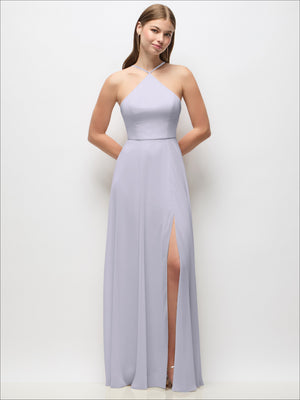 Dusty lavender halter maxi dress with adjustable spaghetti straps and side slit