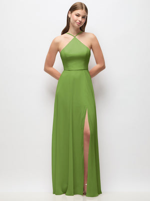 Light green halter maxi dress with spaghetti straps and side slit, fitted waist