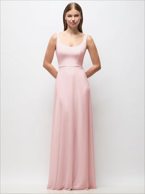 Dusty pink scoop-neck chiffon maxi dress with thin tank straps and flowing chiffon skirt