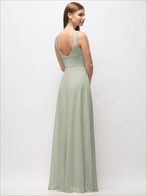 Scoop-neck chiffon maxi dress in sage green, open-back scoop, tank straps, side/back view
