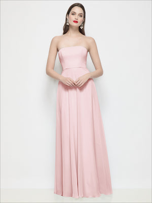 Strapless chiffon maxi dress in dusty rose pink, soft circle skirt with fitted bodice