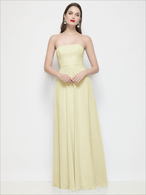 Strapless chiffon maxi dress in pale yellow with fitted bodice and soft circle skirt