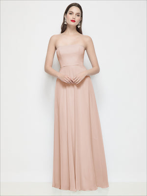 Strapless chiffon maxi dress in dusty rose with smooth bodice and full circle skirt