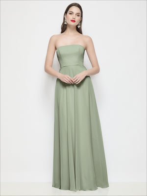 Olive green strapless chiffon maxi dress with fitted bodice and softly flared circle skirt