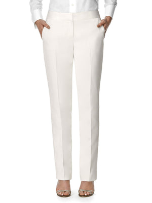 Women's ivory tuxedo trousers with straight legs, belt loops, front crease