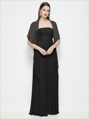 Black chiffon flounce cape over long dress, front view with flutter sleeves