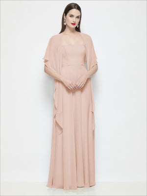 Dusty rose chiffon cape dress with draped cape sleeves and pleated long skirt