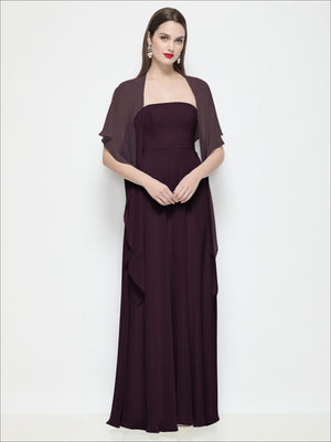 Burgundy chiffon flounce cape with flutter sleeves, draped open-front over a gown.
