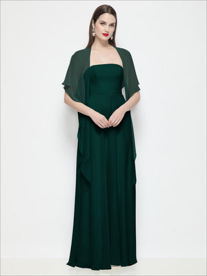Chiffon flounce cape in dark green, front drape with flutter sleeves over evening gown