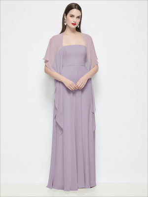 Dusty mauve chiffon flounce cape with short flutter sleeves over long pleated dress