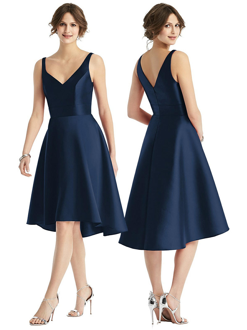 Navy Blue High Low Satin Cocktail Dress