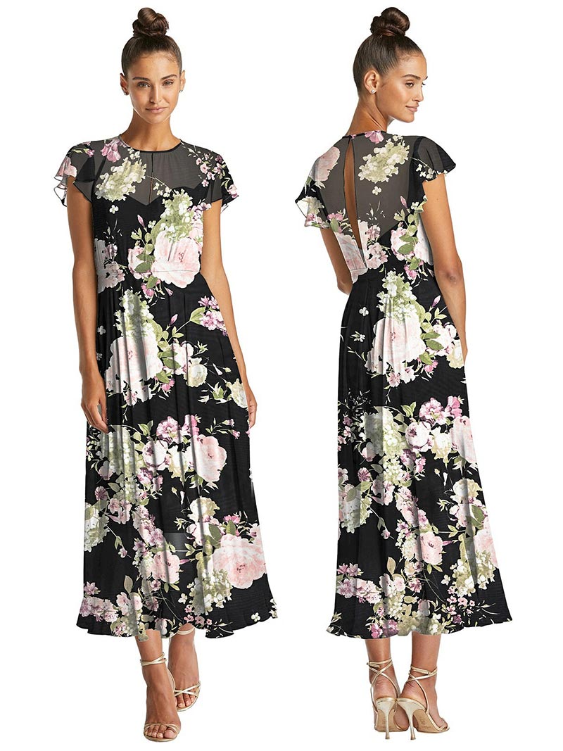 Black Floral Illusion Neck Flutter Sleeve Chiffon Midi Dress