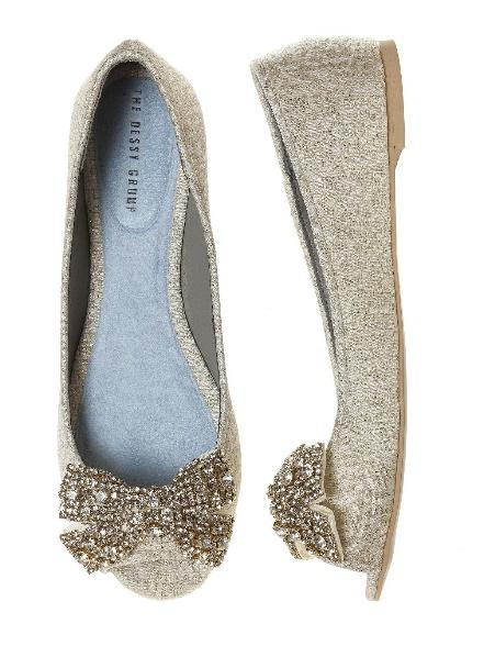 Gold Open Toe Wedding Flats with Large Crystal Bow