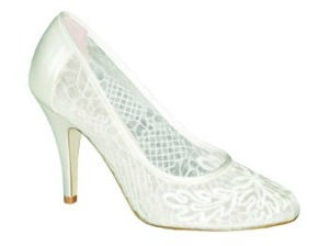 high heeled white lace wedding shoe