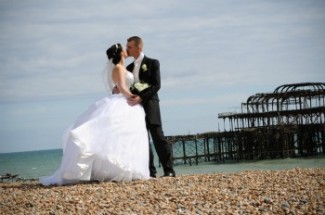 Bride and groom on Brighton Beach