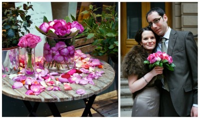 bride in coffee coloured cocktail dress with pink peony wedding bouquet