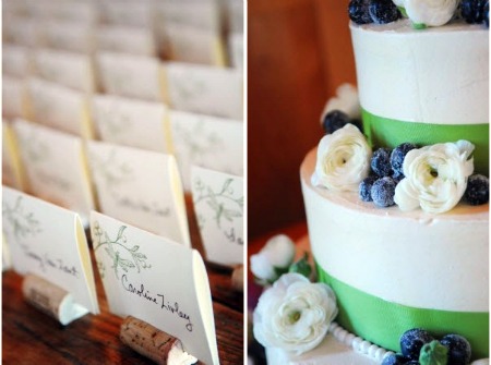 wedding cake with green ribbon and blue and white flowers