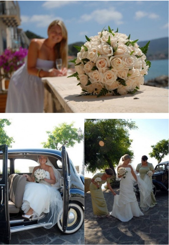 bridesmaids in apple green gowns 