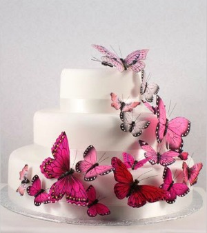butterflies decorating white tiered wedding cake