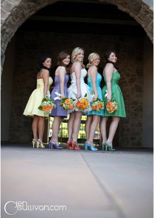 bridesmaids in rainbow colours