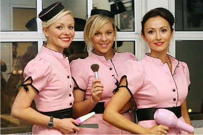 Powderpuff Girls in 1950's inspired pink uniforms 