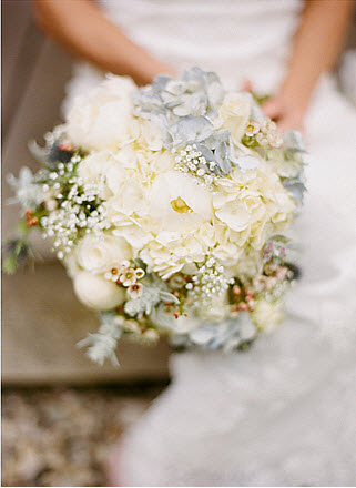 white and blue hydrangea wedding bouquet 