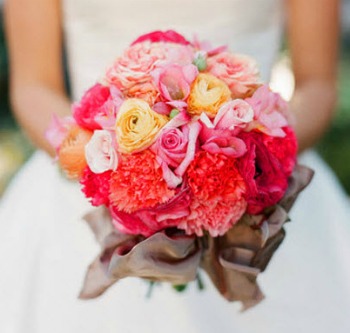 pink, yellow and red wedding bouquet 