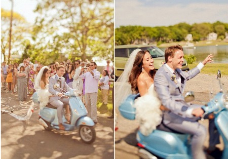 bride and groom on Vespa scooter