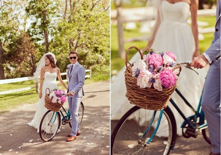 bride and groom with bicycle and basket with pink peonies 