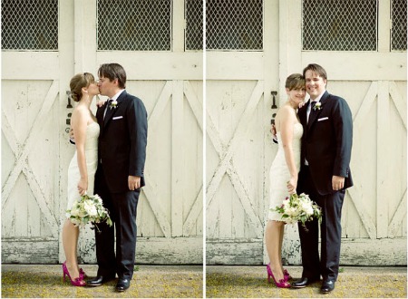 bride in short wedding dress with fucshia shoes