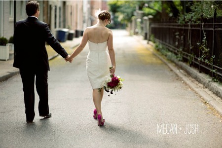 bridegroom and bride in short wedding dress