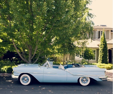 1950s style blue convertible car 