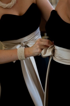 black bridesmaid dresses with oyster satin sashes