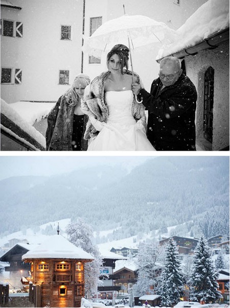 bride in snowy Alpine village