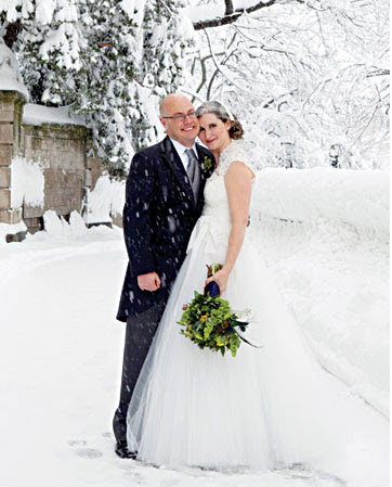 winter wedding with bride and groom in snow 