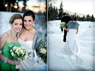 bride and groom in snow 