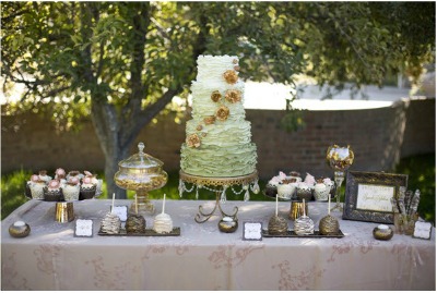 dessert table with green tier cake
