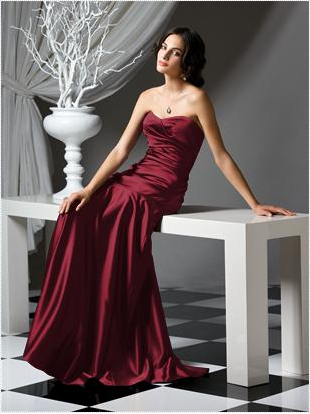 deep red long strapless bridesmaid dress