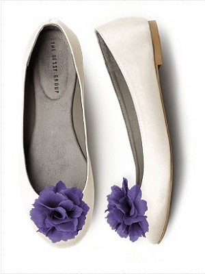 white ballet flats with purple shoe clips 