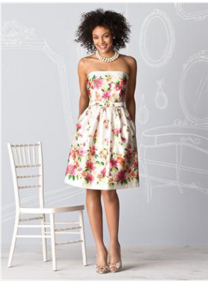 floral short bridesmaid dress by Dessy 