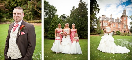 bride with bridesmaids in pink dresses
