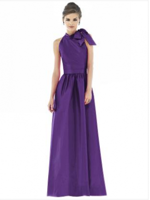 long purple bridesmaid dress with shoulder bow
