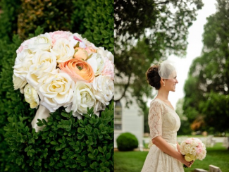 bride holding rose bouquet 