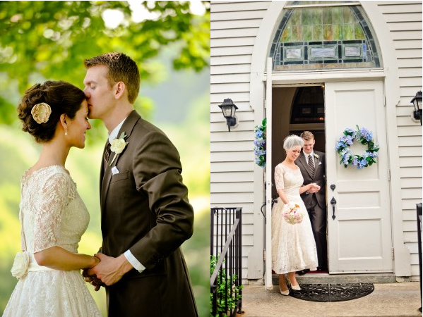 bride and groom outside country church 