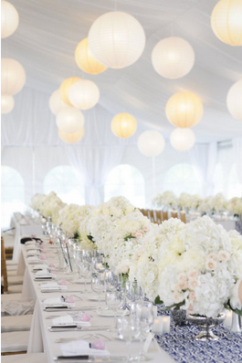 wedding reception table with white balloons 