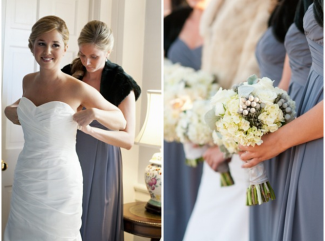 bridesmaids in grey dresses with white bouquets 