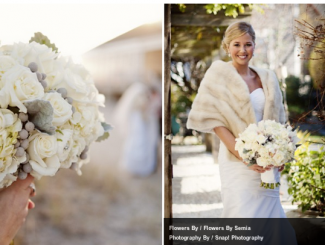 bride in fur shrug with white wedding bouquet 