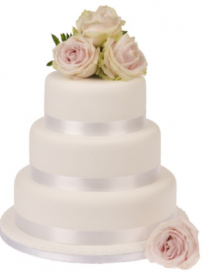 white tier wedding cake decorated with roses 