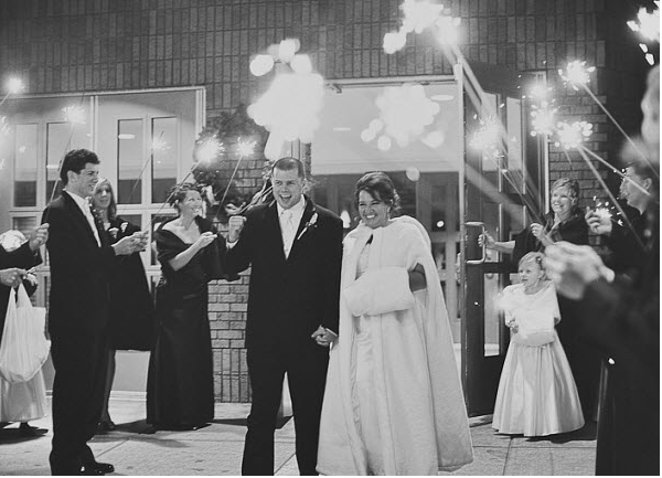Bride and Groom at January wedding with sparklers