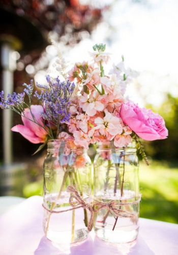 boho chic wedding flowers in jam jars